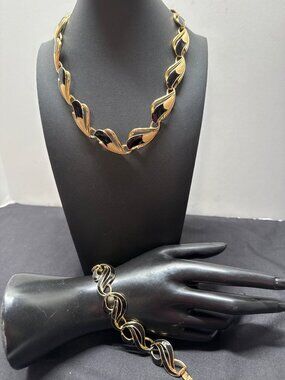 Trifari Gold-Tone & Black Enamel Necklace & Bracelet Set With Textured Swirl Des